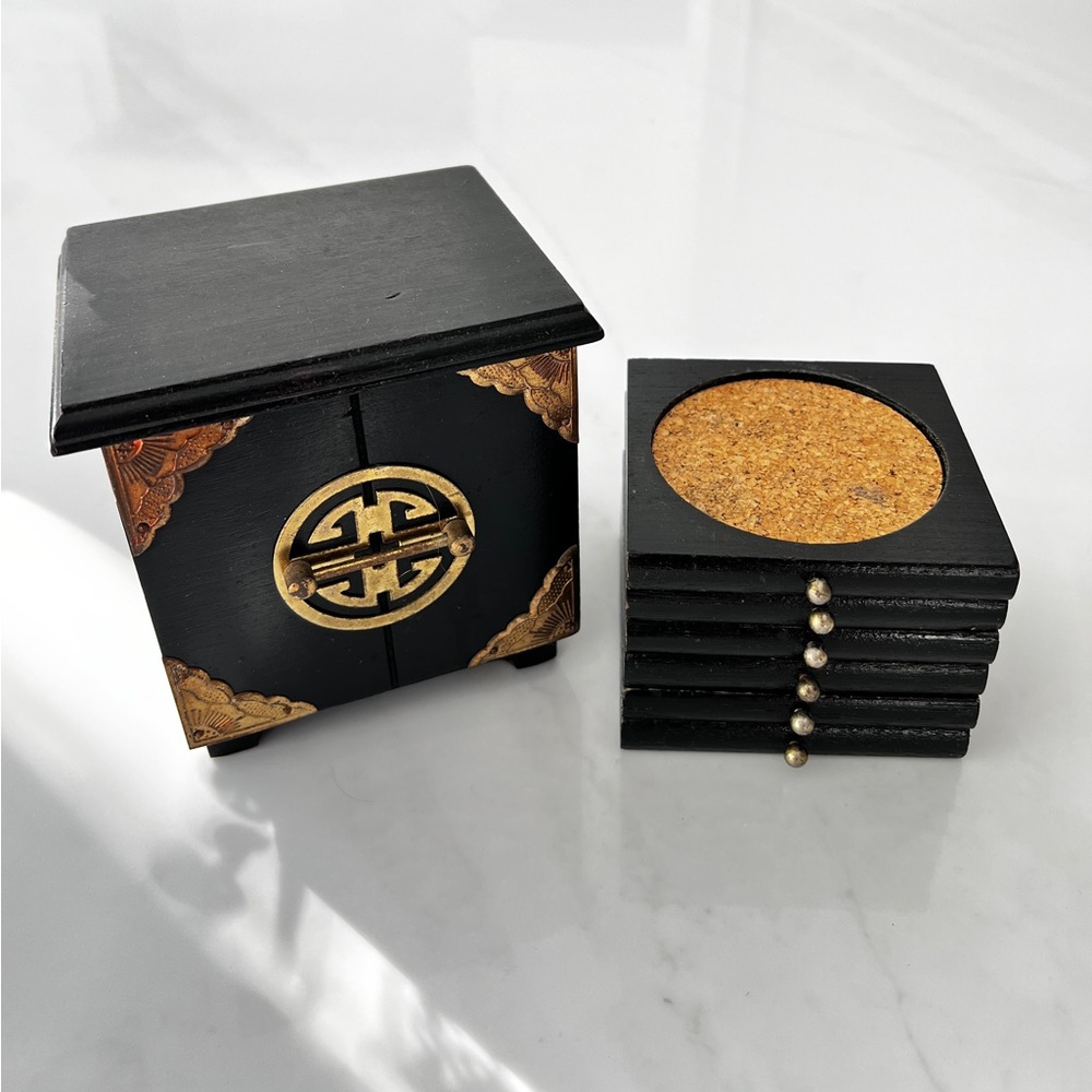 Vintage Asian style coasters set black lacquer box brass accents 1980s set of 6